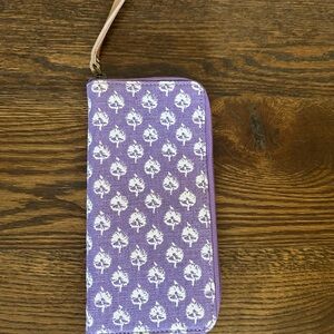 NEW John Robshaw purple and white wallet with Tan wrist strap and Tan gift Box .
